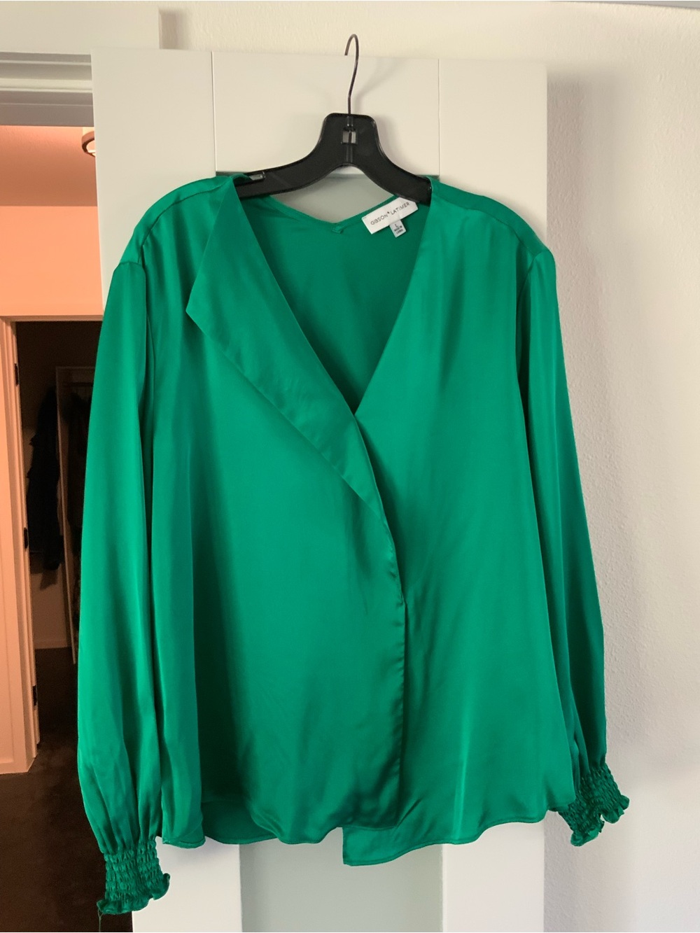 Gibson Emerald Green Satin V-Neck Blouse